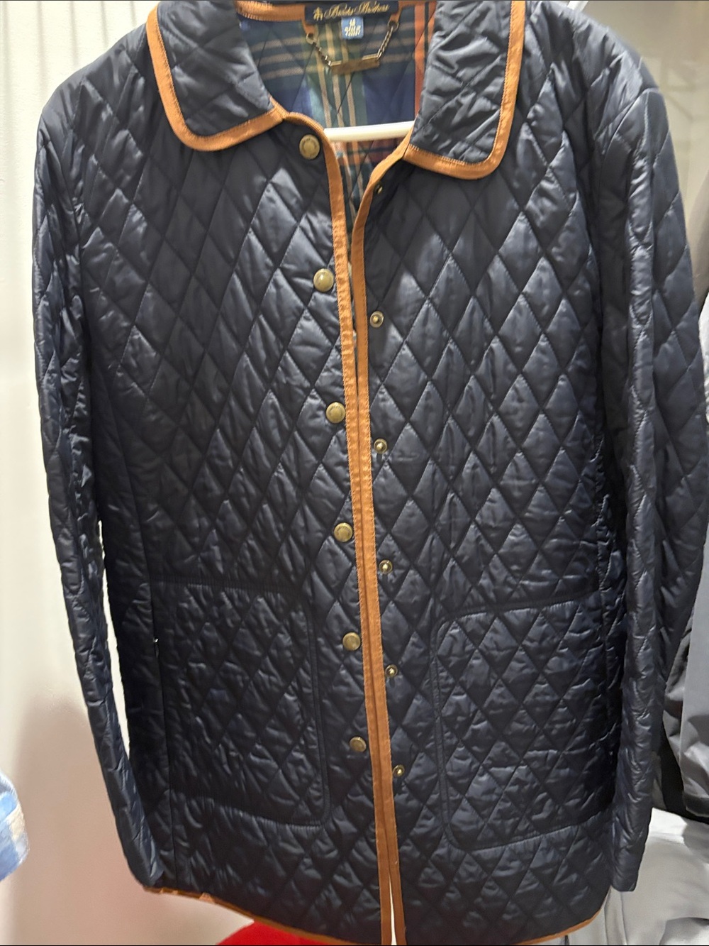 Brooks Brothers Navy Quilted Puffer with Tan Trim